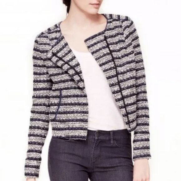 Ann Taylor LOFT Jacket Blue Black White Stripe Tweed Moto Zip Pockets - Picture 1 of 12